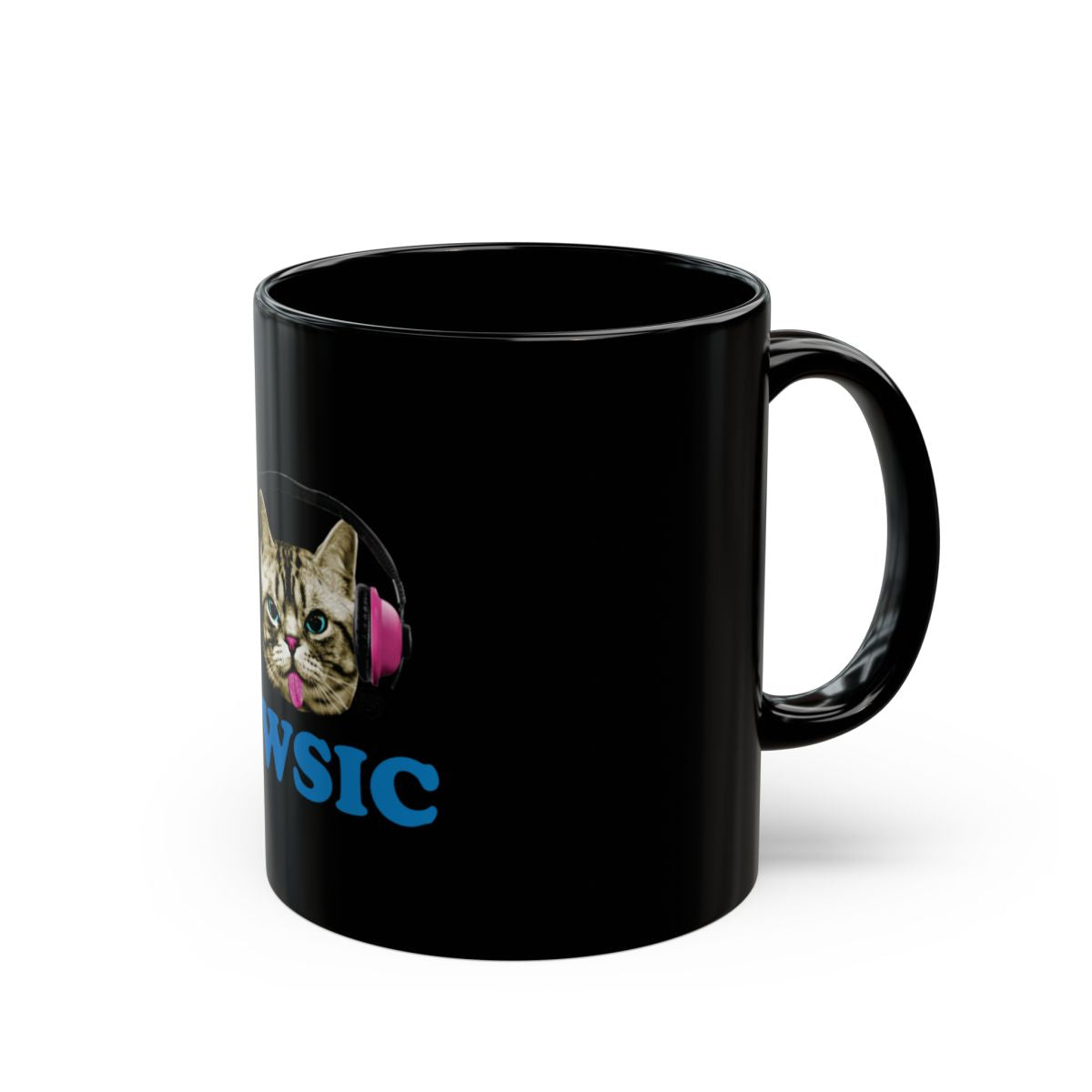 Black Mug with Cat Wearing Headphones Design