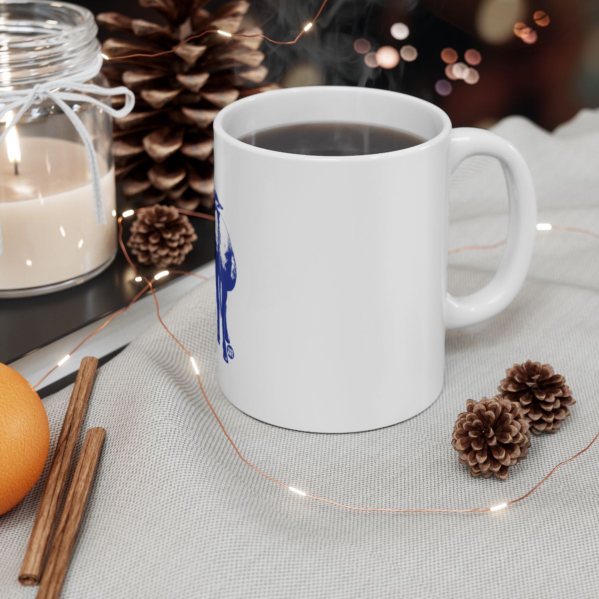 Festive Coffee Mug with Pinecones and Candlelight
