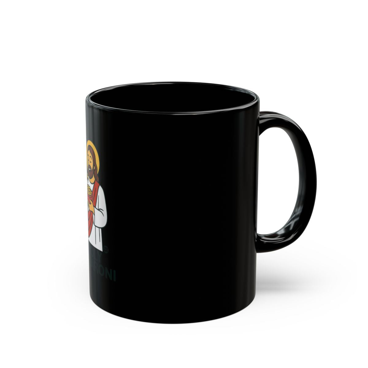 Saint-Themed Design on Black Coffee Mug
