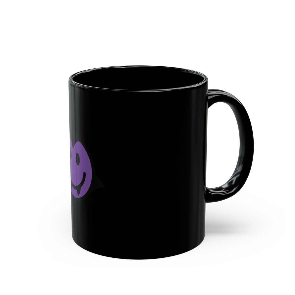 Black Mug with Purple Smiley Face Design