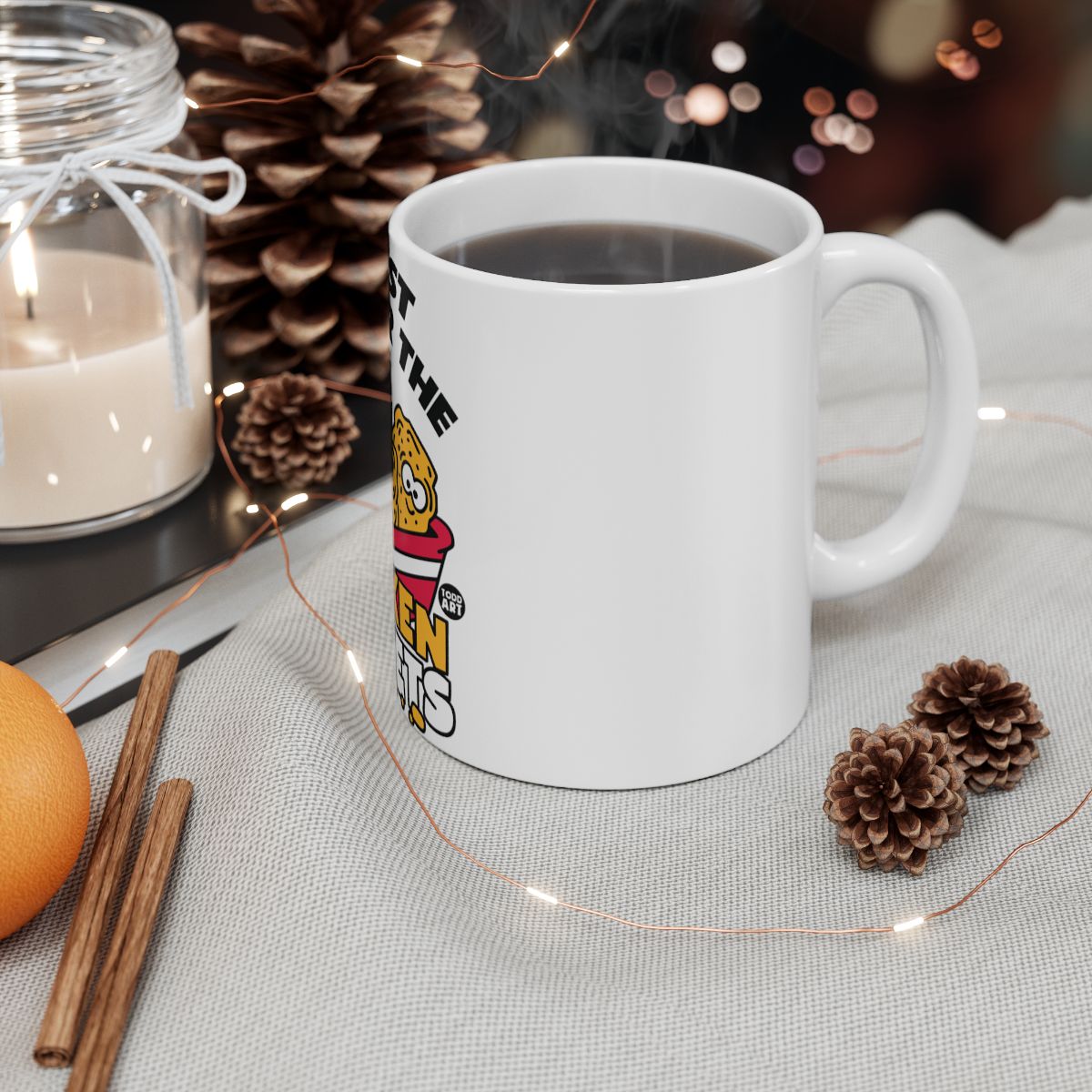 Cozy festive winter hot drink mug with fun design