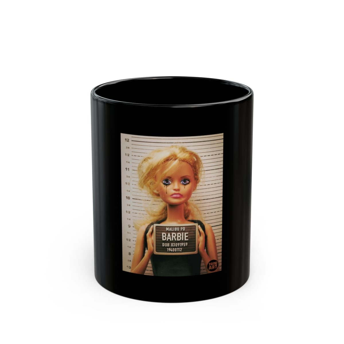 Mugshot Barbie Black Ceramic Mug Funny Gift Item
