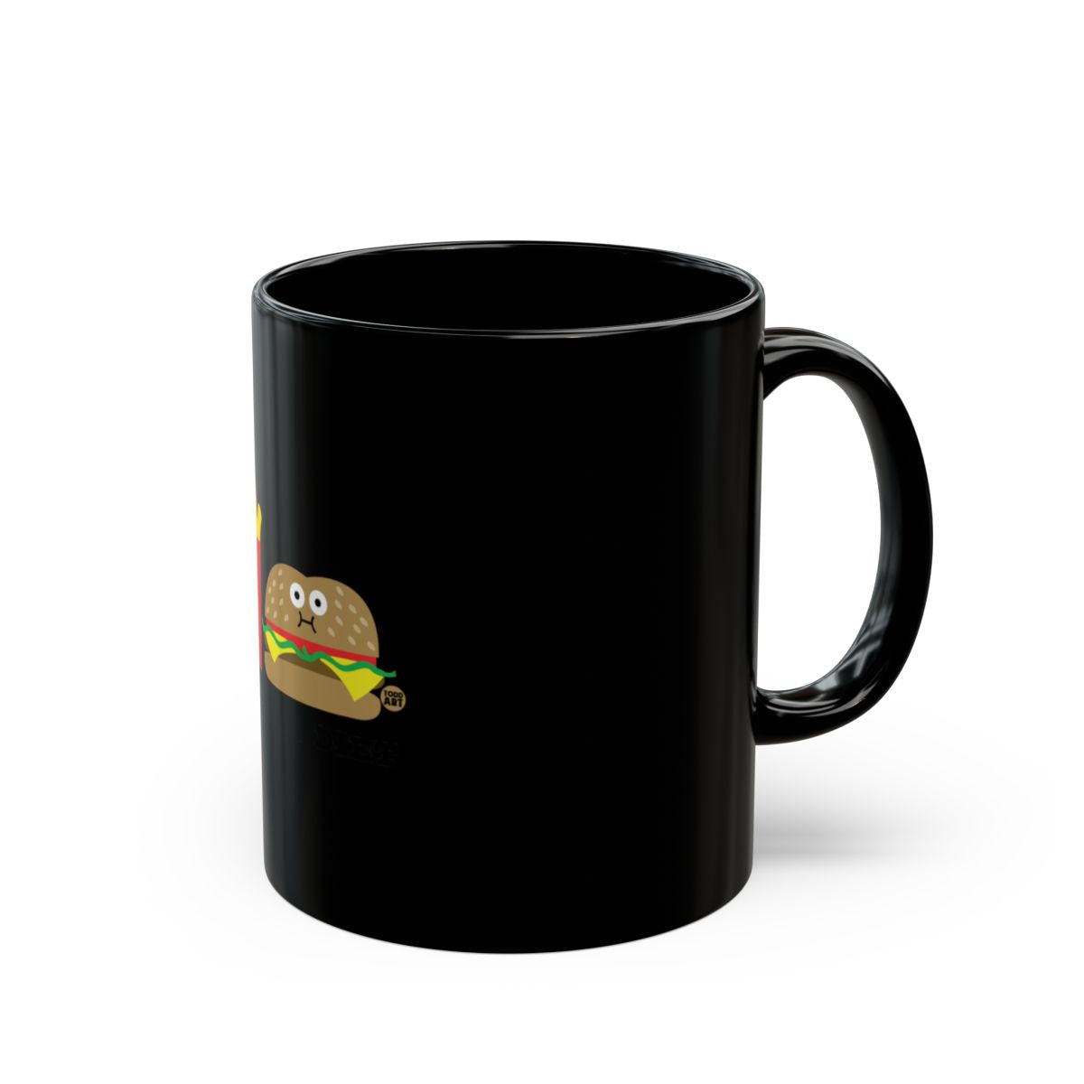 Funny Black Mug with Cute Cartoon Burger Design