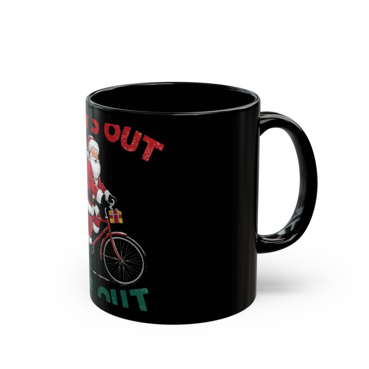 Santa Riding Bicycle Christmas Mug Black Ceramic