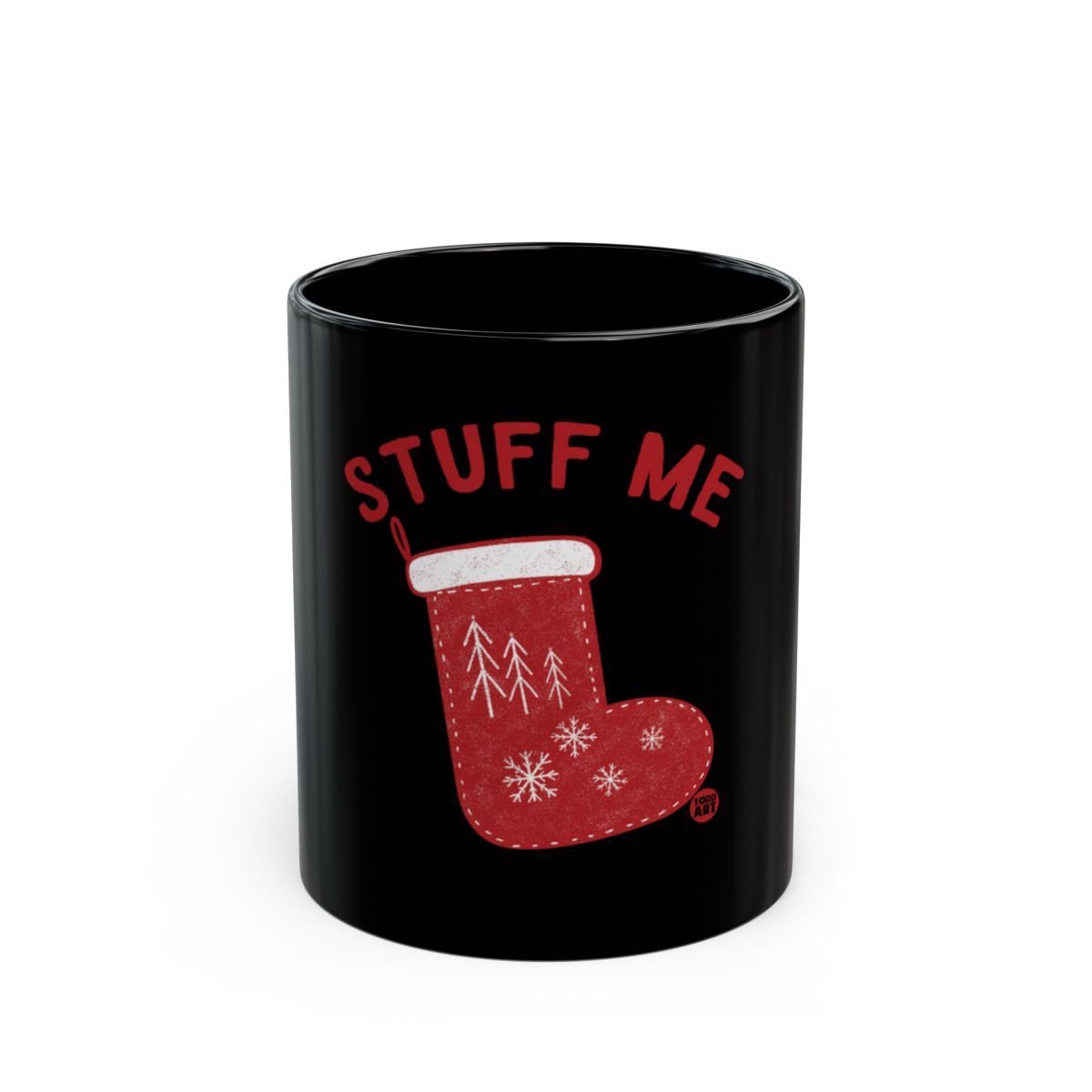 Holiday Black Mug with Red Stuff Me Stocking Design