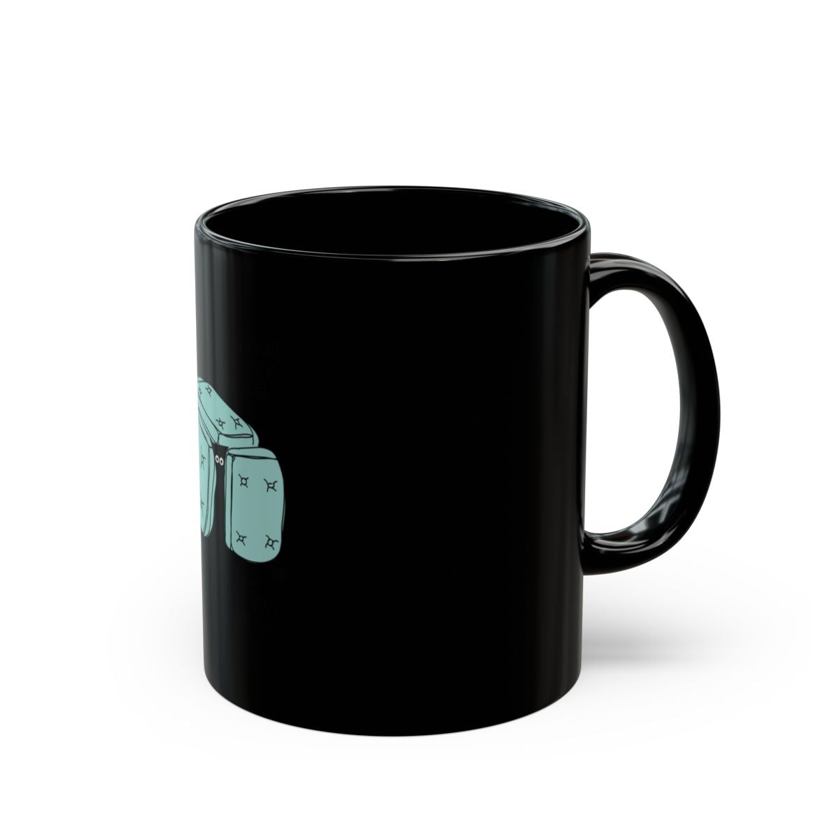 Black Coffee Mug with Light Blue Backpack Artwork