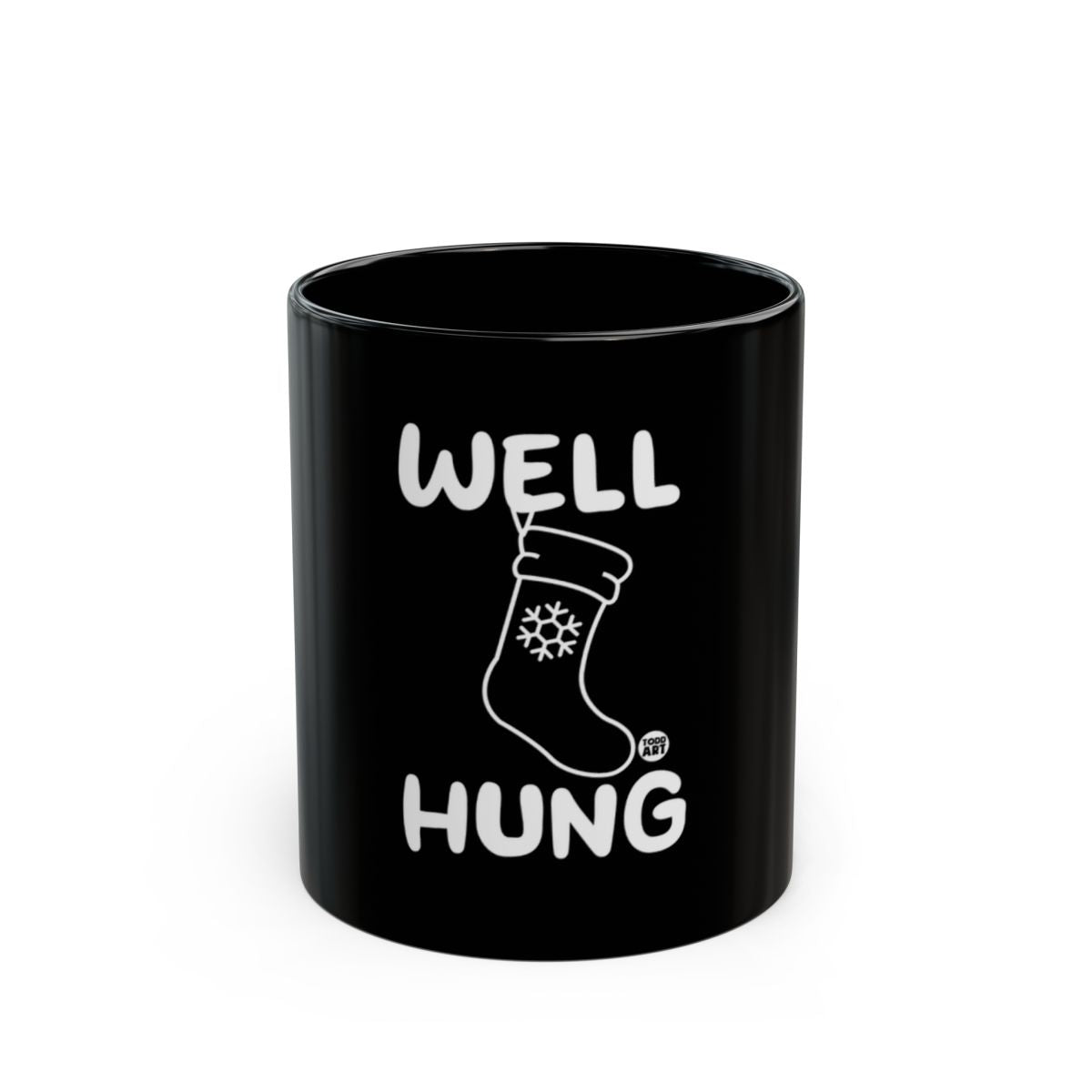 Well Hung Christmas Stocking Black Coffee Mug