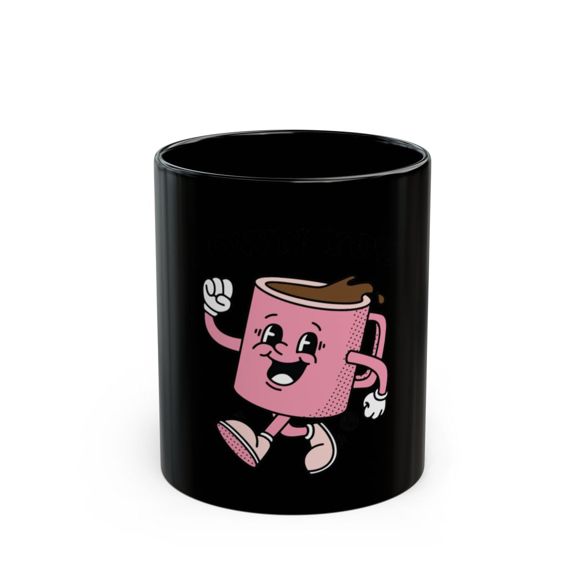 Funny Pink Cartoon Mug Character on Black Coffee Cup