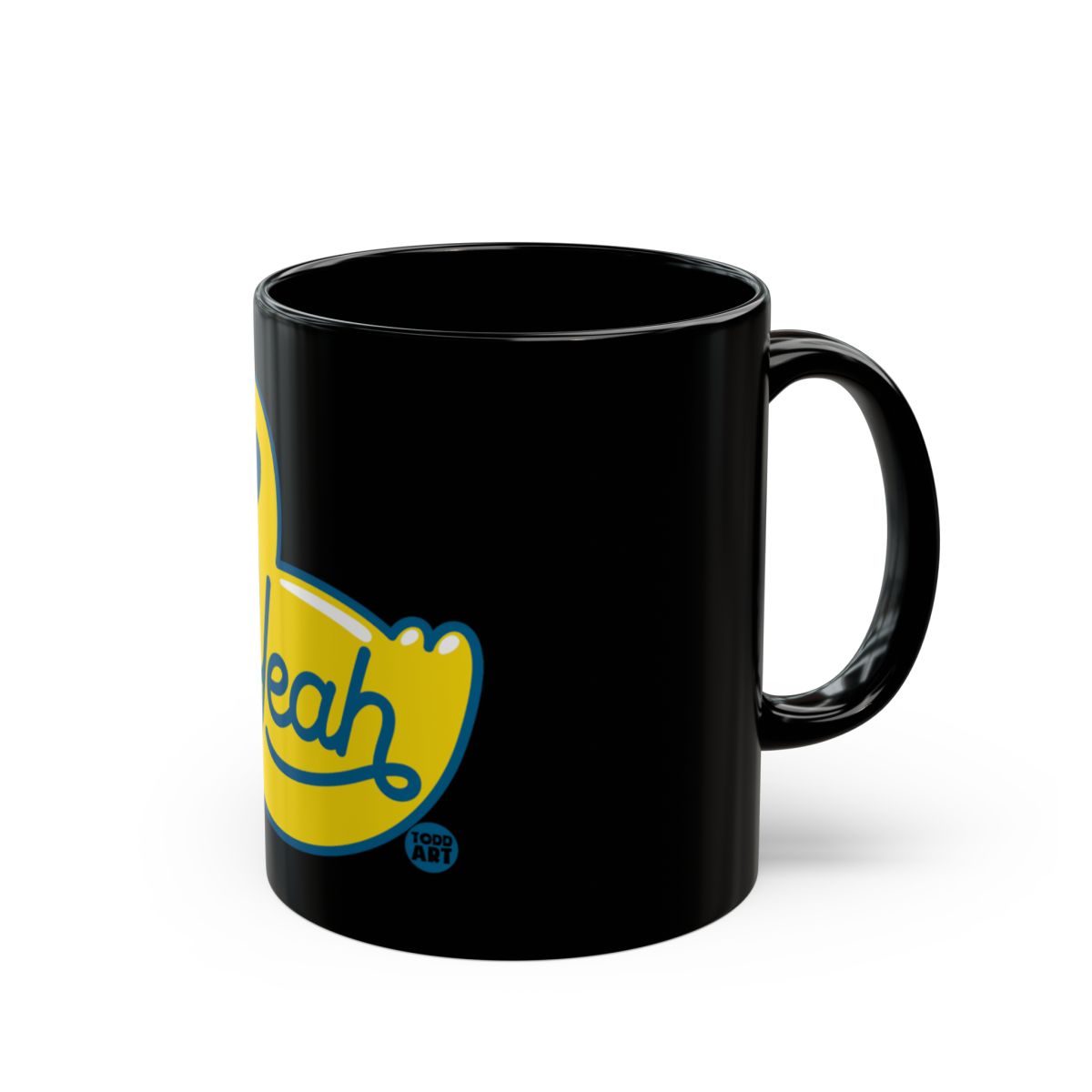 'Yeah Artistic Black Coffee Mug with Bright Yellow Design'