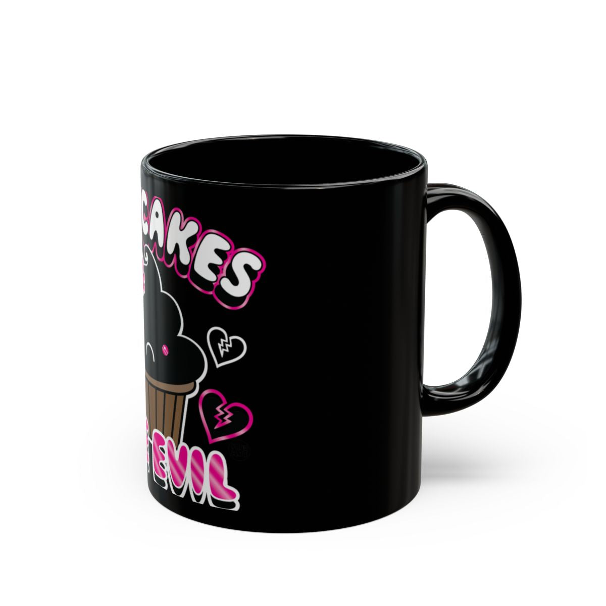 Cute Black Mug with Cupcakes and Fun Hearts Design