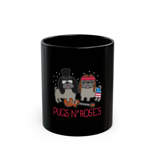 Funny Pugs N' Roses Print on Black Mug Gift
