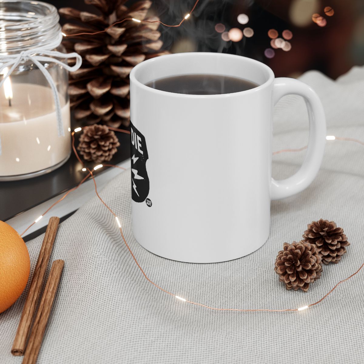 Classic White Coffee Mug with Pinecone and Candle Decor