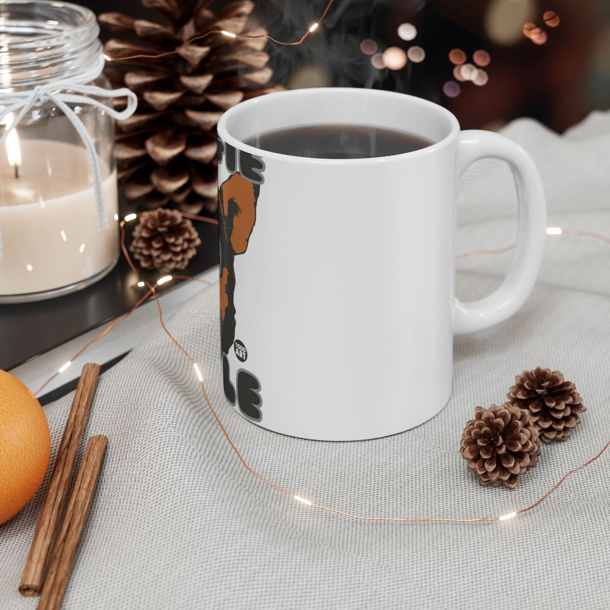 Joyful Coffee Mug With Festive Design and Steaming Beverage