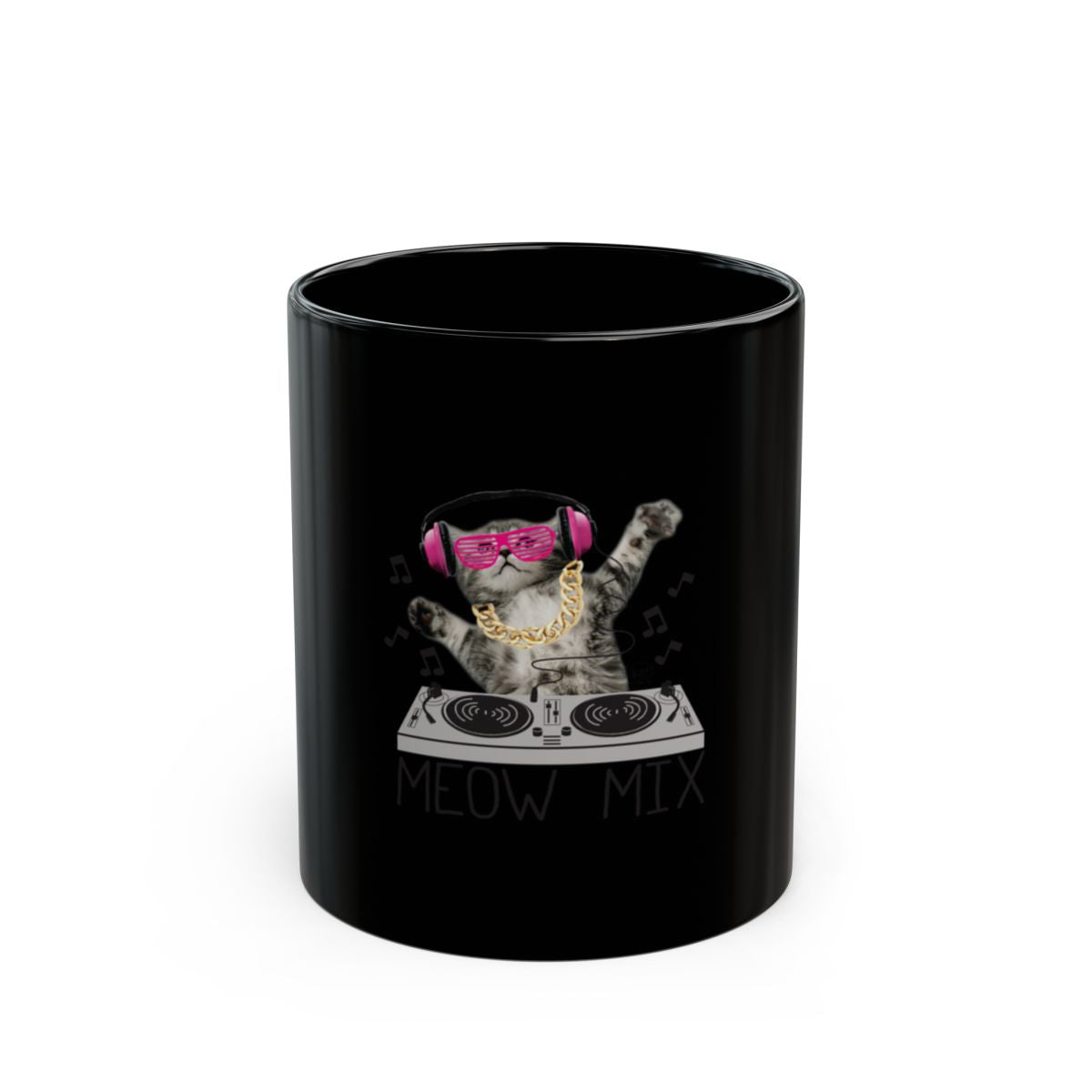 DJ Cat with Pink Headphones and Turntable Mug