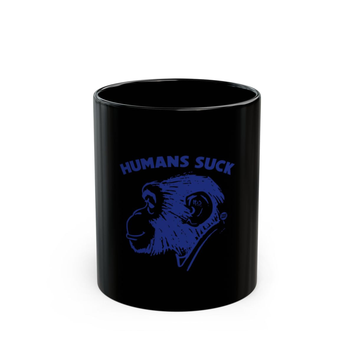 'Humans Suck' Black Coffee Mug with Blue Graphic