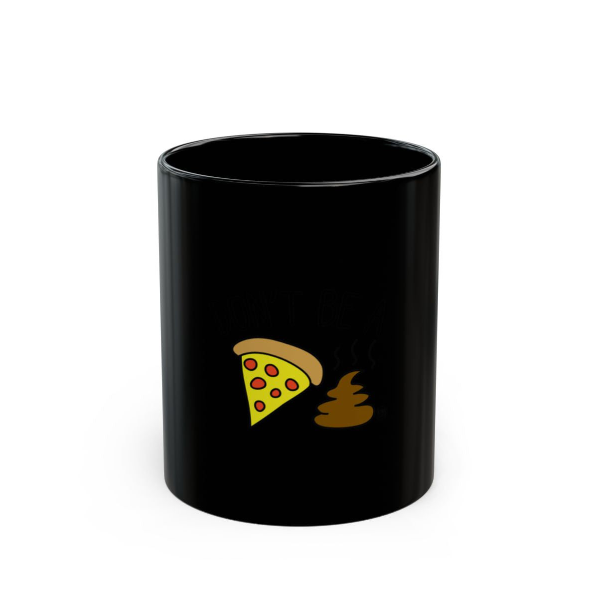 Humorous Black Mug with Pizza and Poop Emoji Design