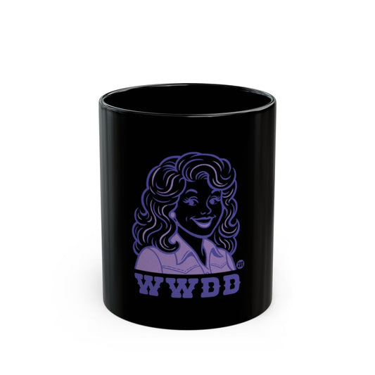 WWDD Black Mug with Retro Style Dolly Parton Design