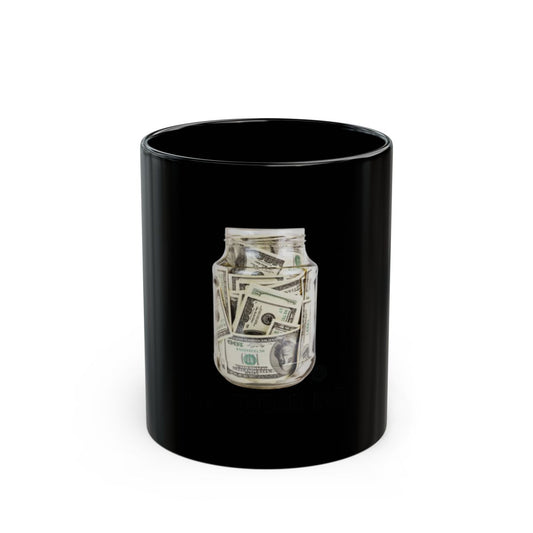 Black Mug with Jar Filled with Money Design
