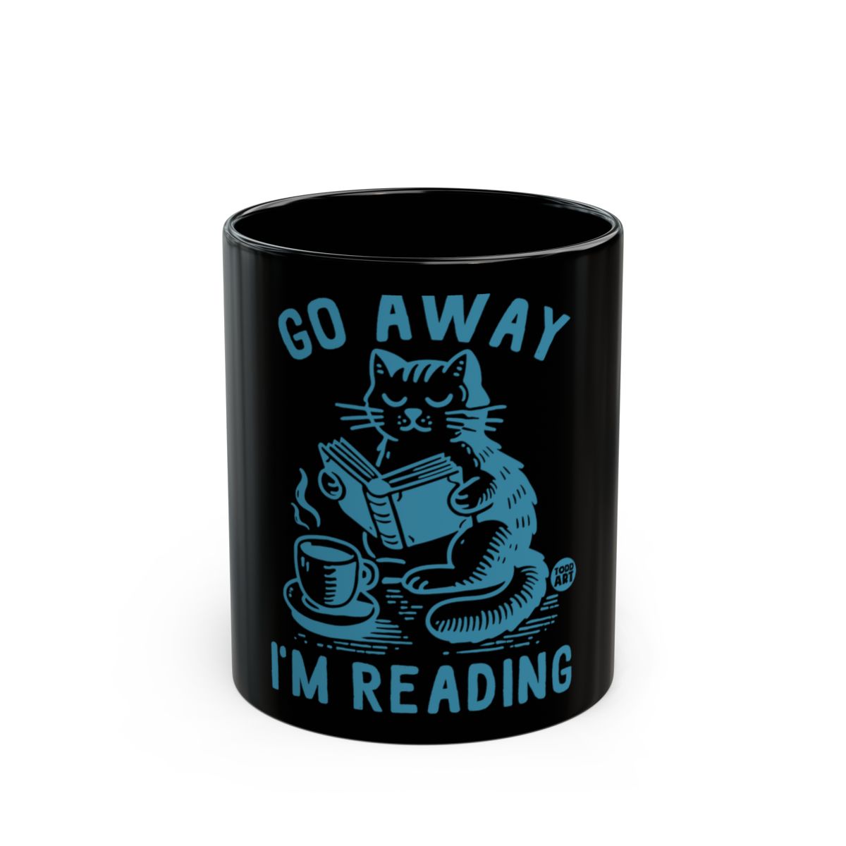 Go Away I'm Reading Cat with Book and Coffee Mug