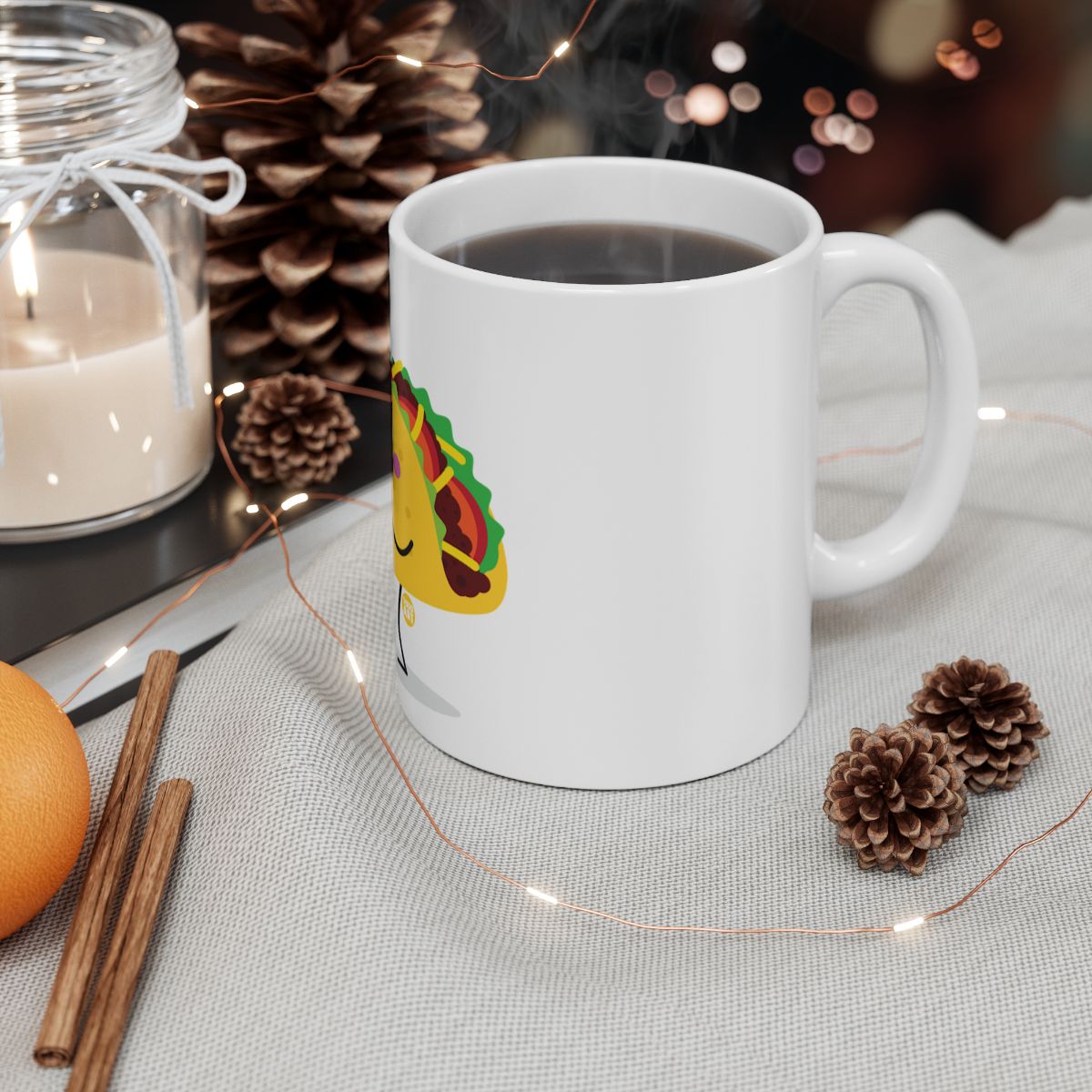 Taco Inspired Coffee Mug with Festive Winter Scene