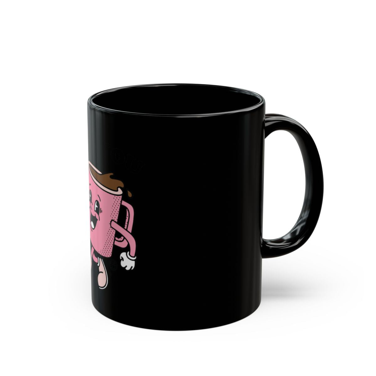 Pink Cartoon Character on Black Coffee Mug