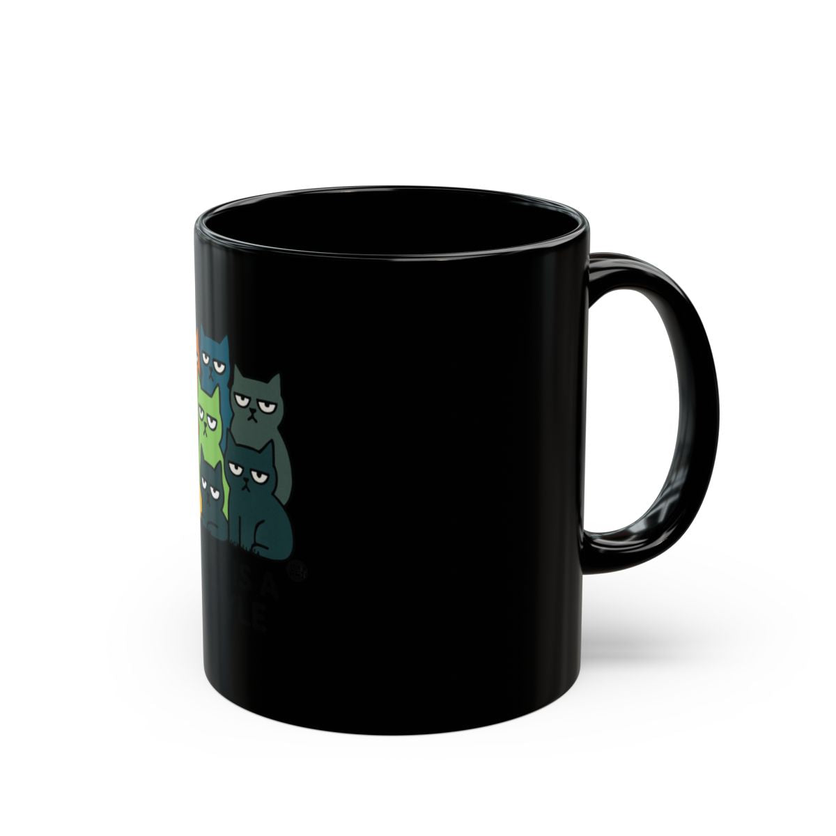 Black Coffee Mug with Colorful Cats Design