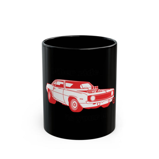 Classic Car Design Black Mug with Red and White Print
