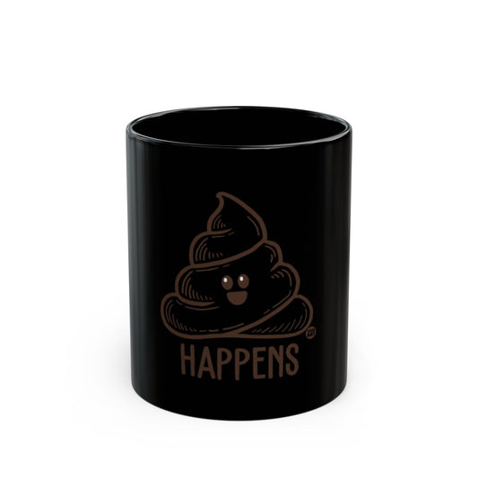 Funny Happens Black Coffee Mug with Poop Emoji Design