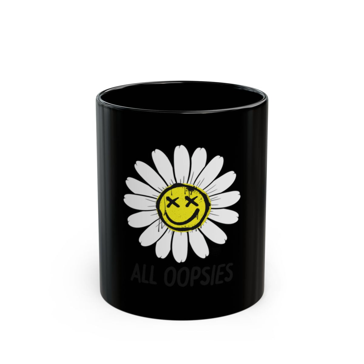 Smiling Flower with All Oopsies Text Black Mug