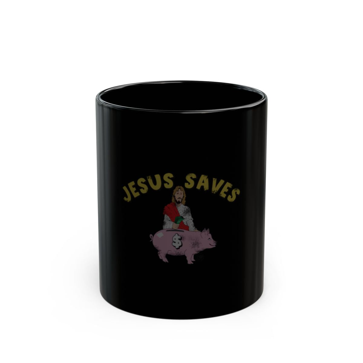 Jesus Saves Piggy Bank Graphic Black Mug