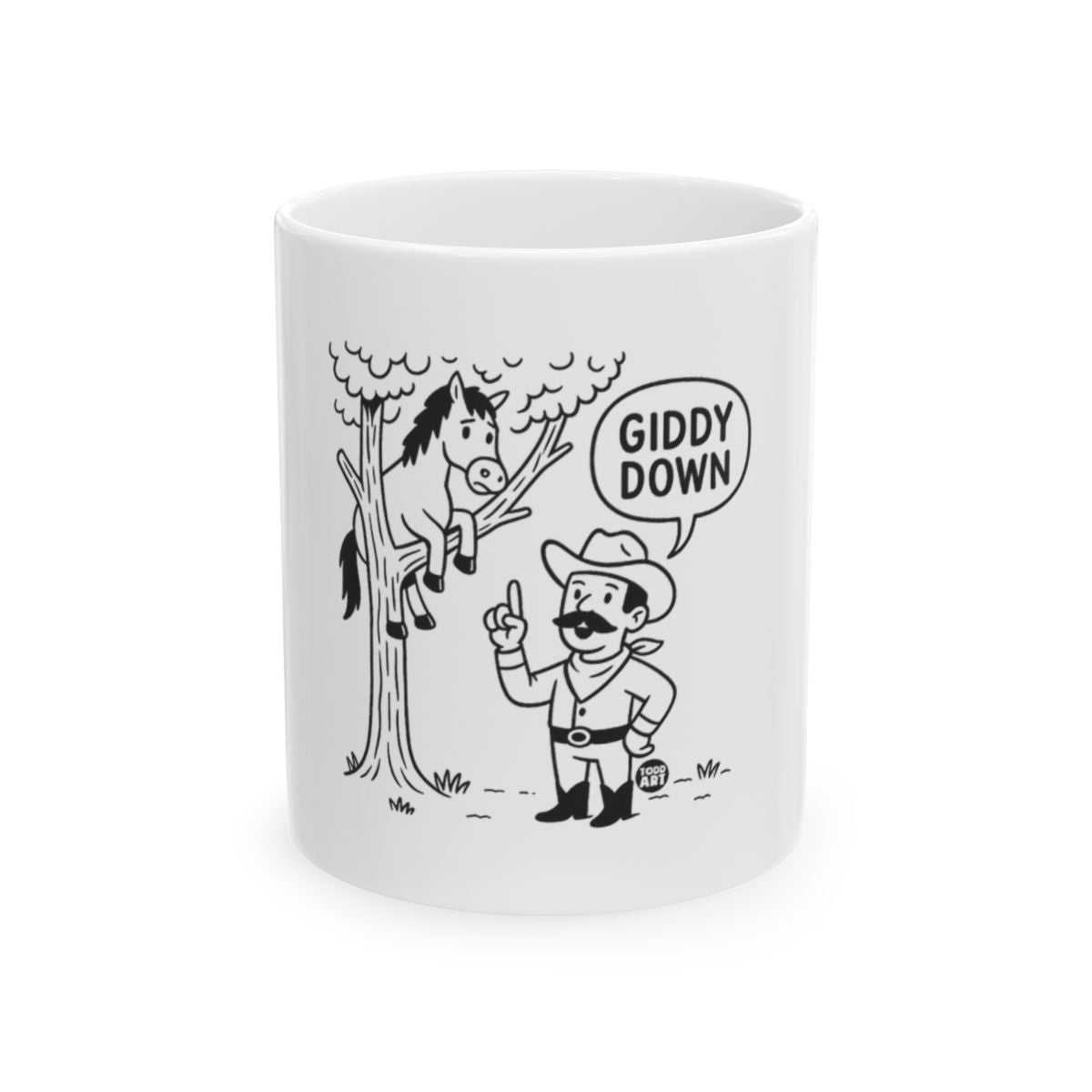 Funny Cowboy and Horse Cartoon Giddy Down Mug