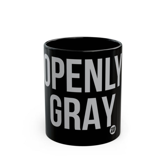 BLACK MUG WITH BOLD OPENLY GRAY TEXT COFFEE PRODUCT