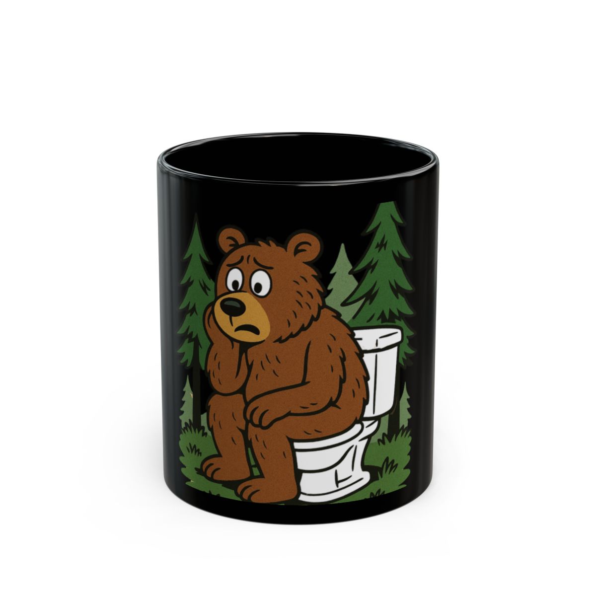 Funny Bear Sitting On Toilet Forest Background Mug