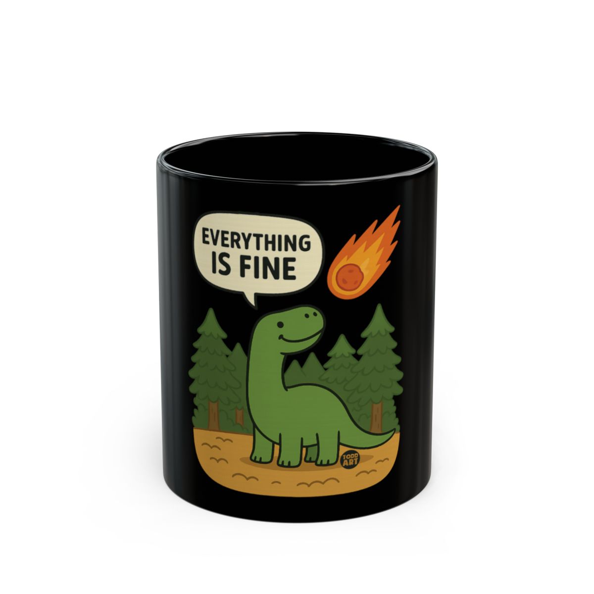Everything is Fine Dinosaur Mug with Falling Meteor