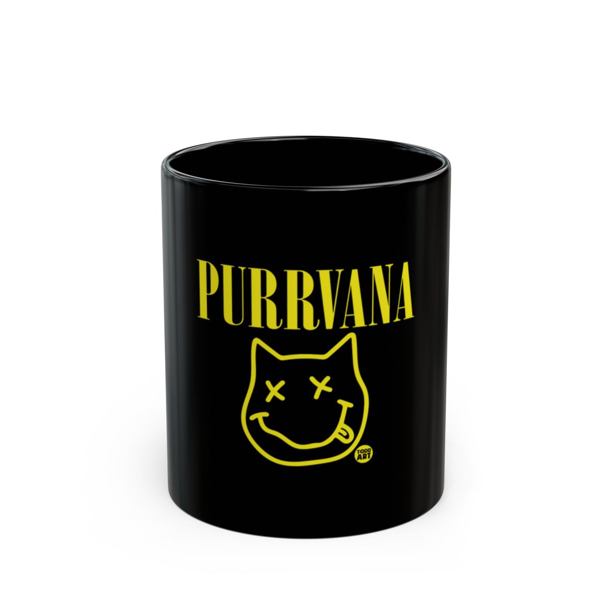 PURRVANA Black Mug with Yellow Cat Face