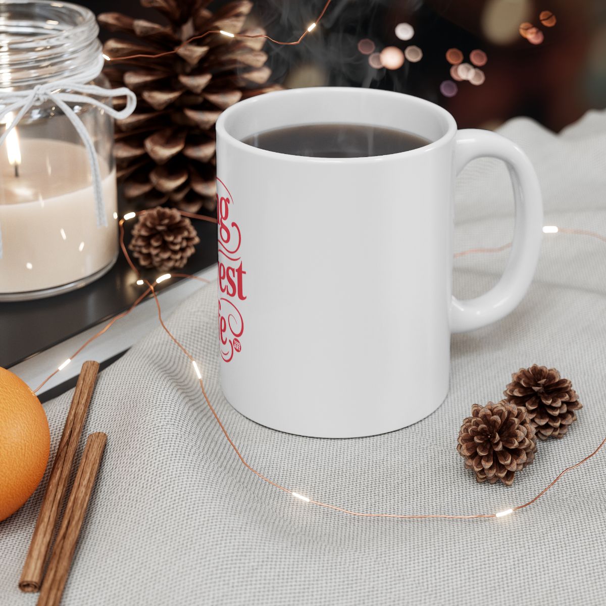 White Coffee Mug with Red Holiday Design