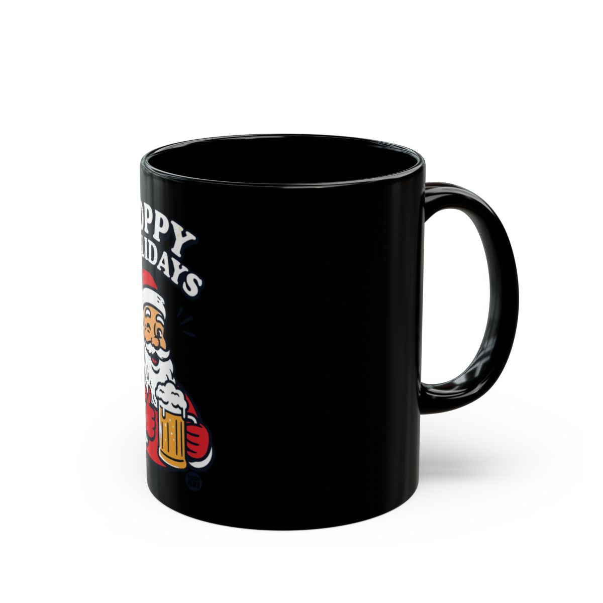 Black Holiday Mug with Santa Claus Holding Beer