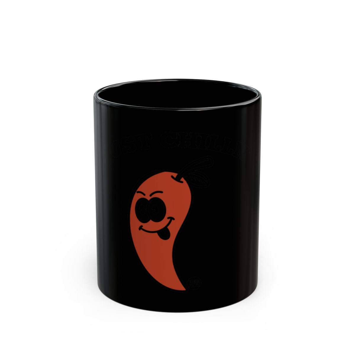 Funny Black Mug with Smiling Chili Character Art
