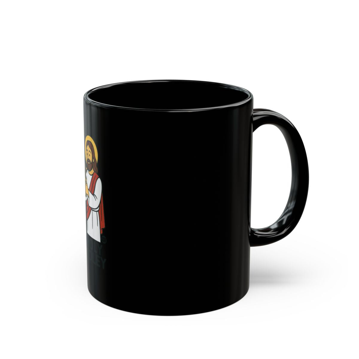 Saint-Themed Black Mug Featuring Religious Artwork