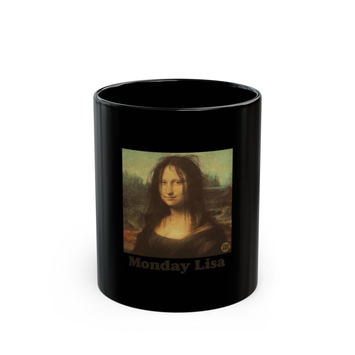 Monday Lisa Black Mug with Mona Lisa Parody