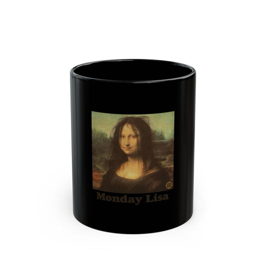 Monday Lisa Black Mug with Mona Lisa Parody