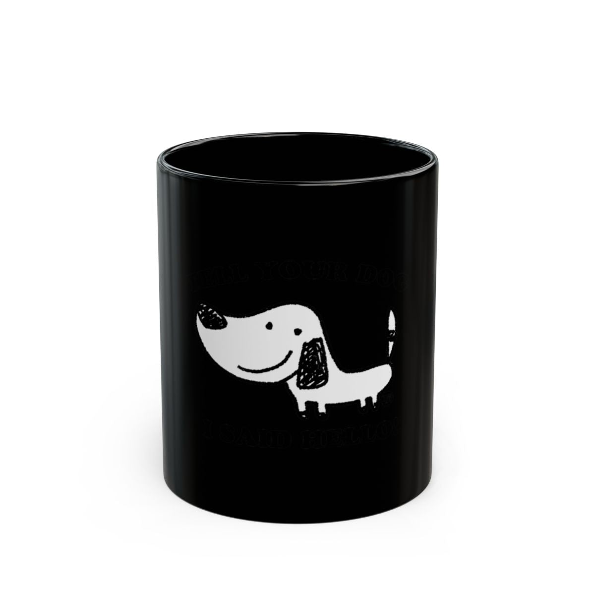 Black Mug with Cute Smiling Dog Illustration