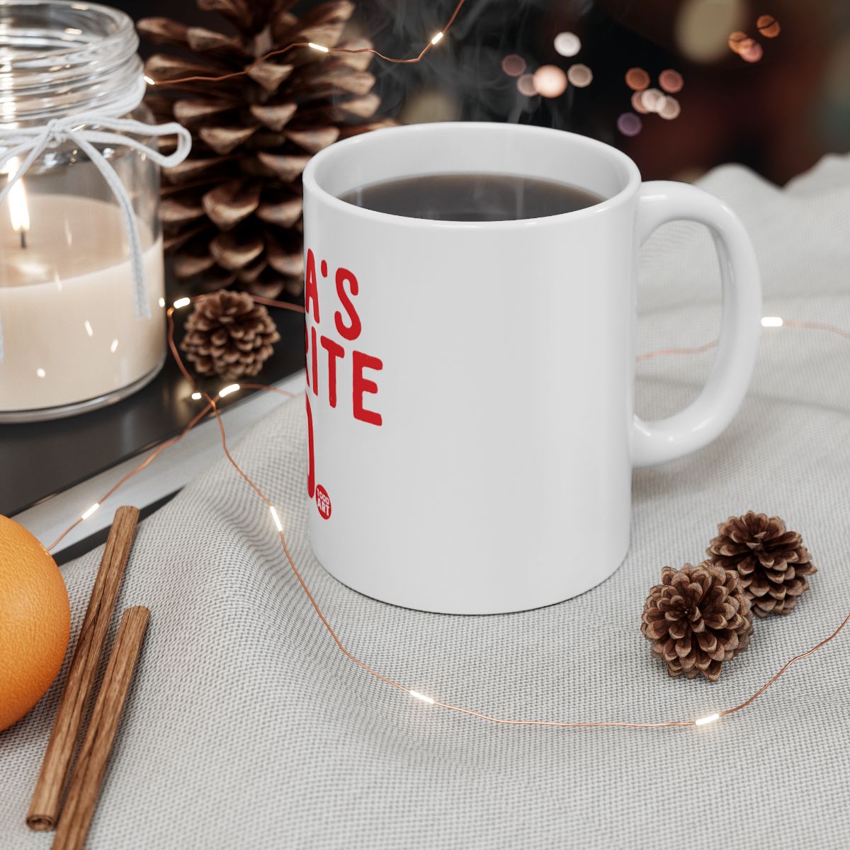 Santa's Favorite Mug with Pine Cones and Candle