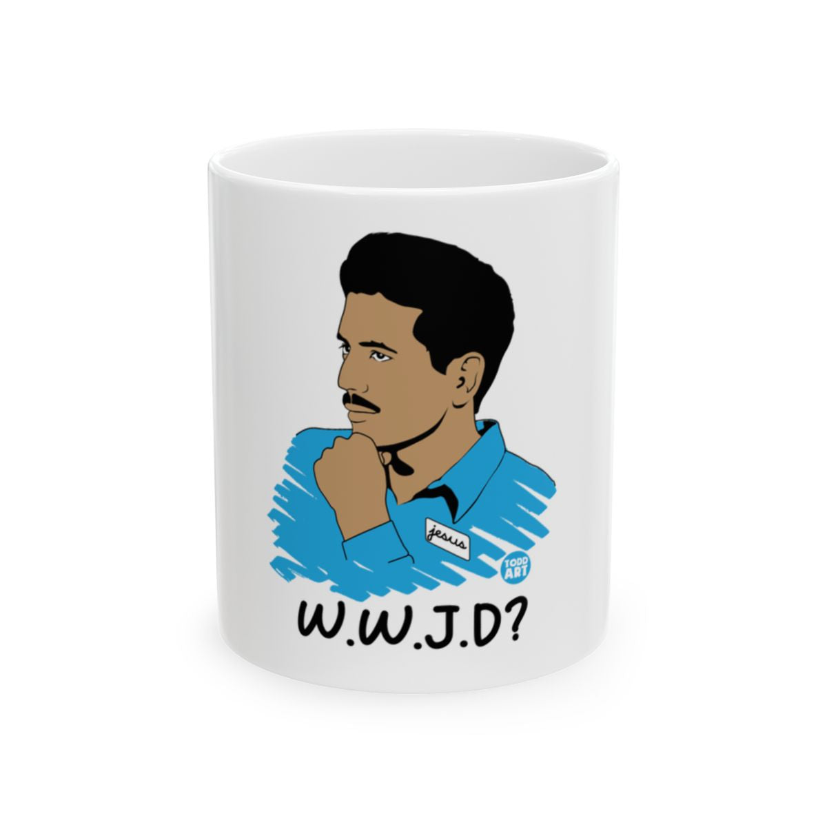 Unique WWJD Handled Mug with Hand-drawn Illustration