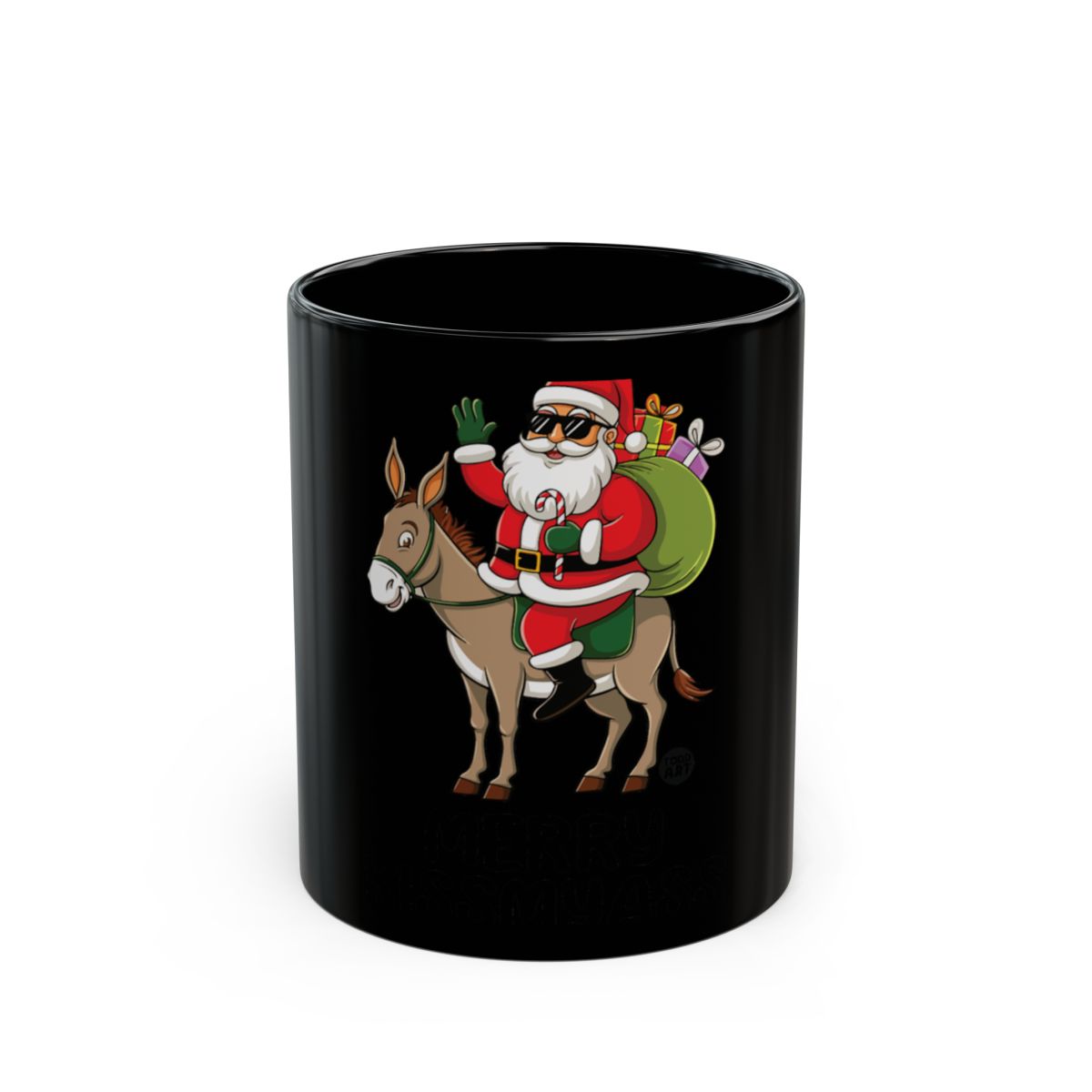Santa Riding Donkey with Gifts Black Mug