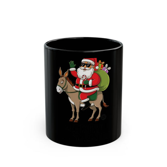 Santa Riding Donkey with Gifts Black Mug