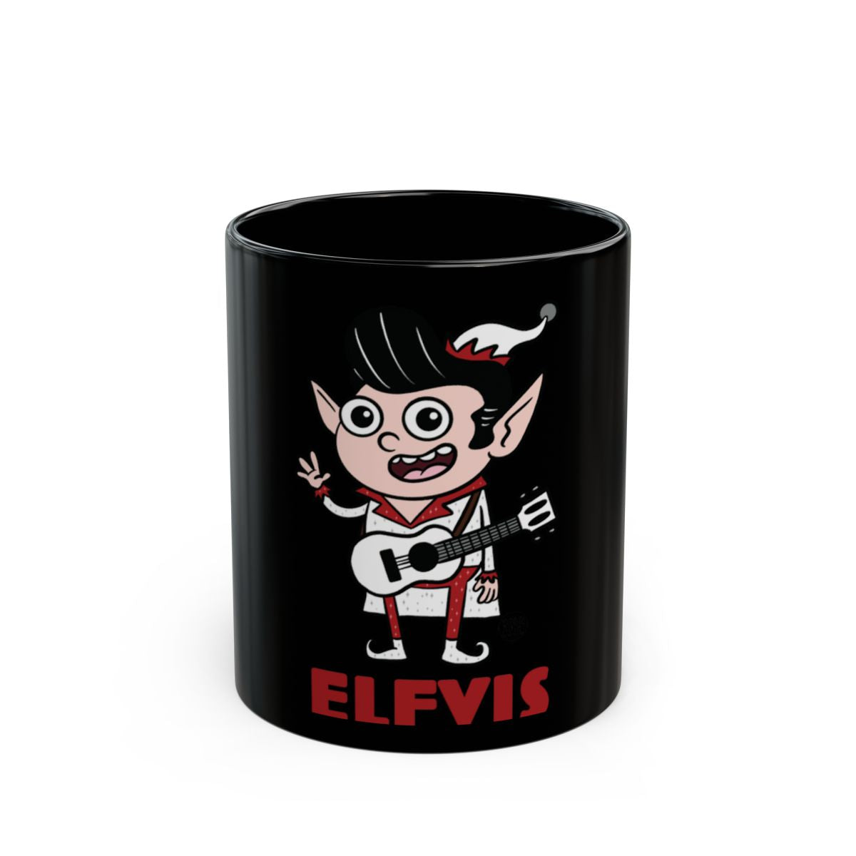 ELFVIS themed black mug with cartoon elf musician