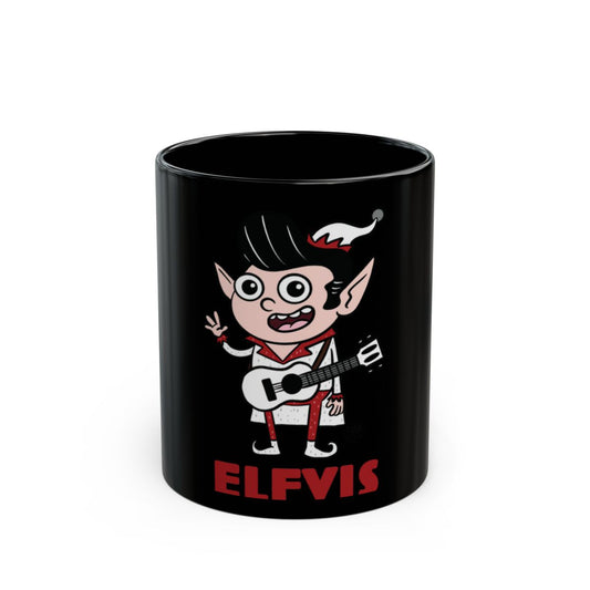 ELFVIS themed black mug with cartoon elf musician